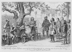Sir John Falstaff, bij Justice Shallows, zijn geest en oordeel uitoefenend bij het selecteren van mannen om de koning te dienen door George Cruikshank